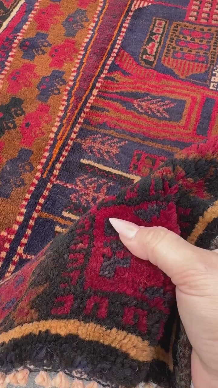 3x5 (91x152) Handmade Vintage Afghan Baluch Rug | Garnet Cherry Crimson Red Navy Midnight Blue Black Caramel Brown Rust Orange Cream | Wool