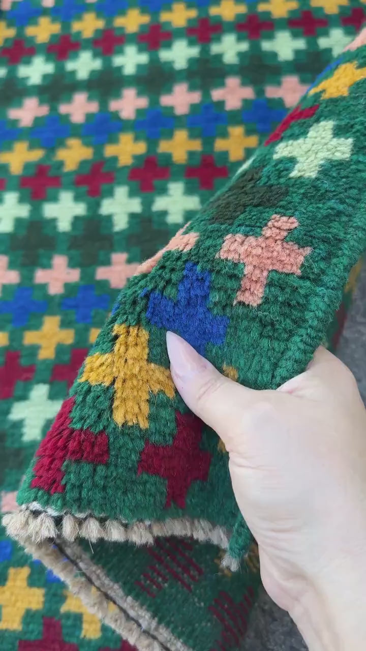 4x6 Handmade Vintage Afghan Baluch Rug | Forest Mint Green Brick Red Black Mustard Gold Navy Blue Salmon Pink Peach | Wool Flatwoven