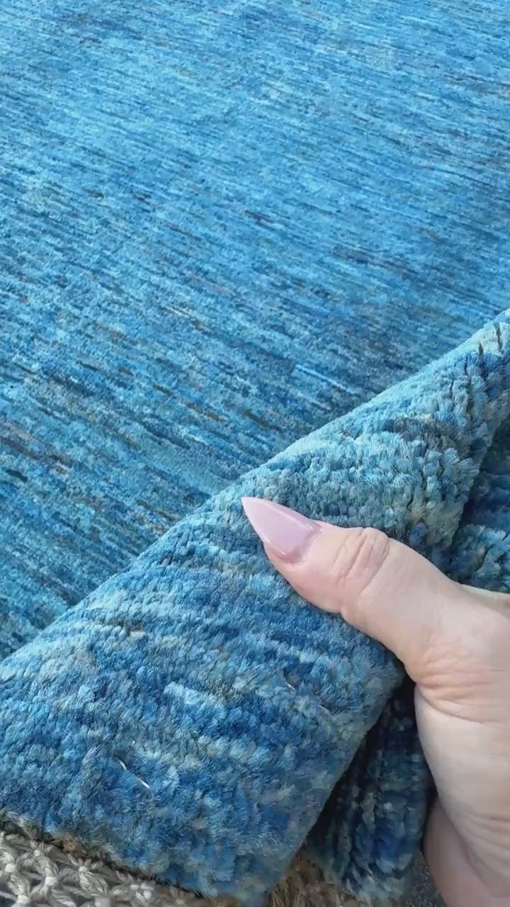 5x7 Handmade Afghan Wool Rug | Solid Denim Blue Modern Area Rug | Minimalist Abrash Texture | Hand-Knotted Contemporary Carpet