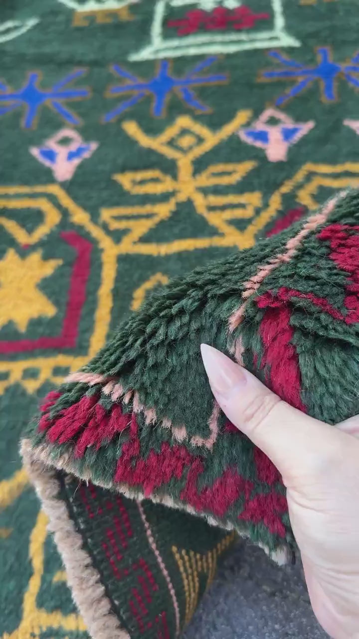 4x6 Handmade Vintage Afghan Baluch Rug | Pine Mint Forest Olive Green Mustard Gold Peach Navy Blue Brick Red Burnt Orange | Wool Flatwoven
