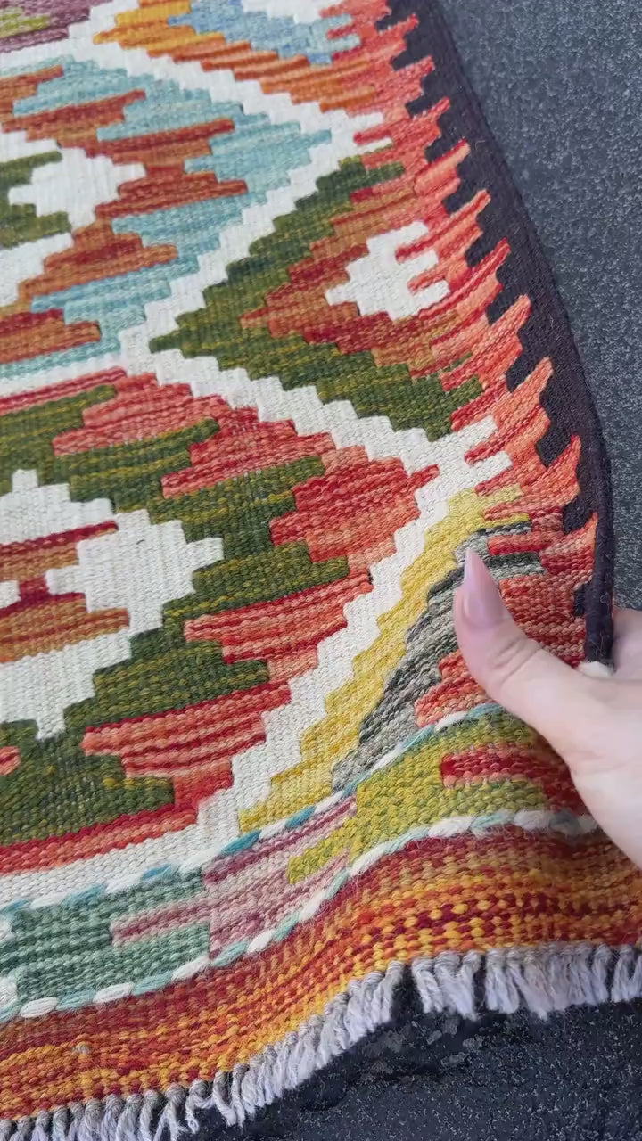 3x4 Handmade Afghan Kilim Rug | Olive Green Rust Red Burnt Orange Cream White Mustard Yellow Teal Aqua Blue Navy Purple Grey | Flatwoven