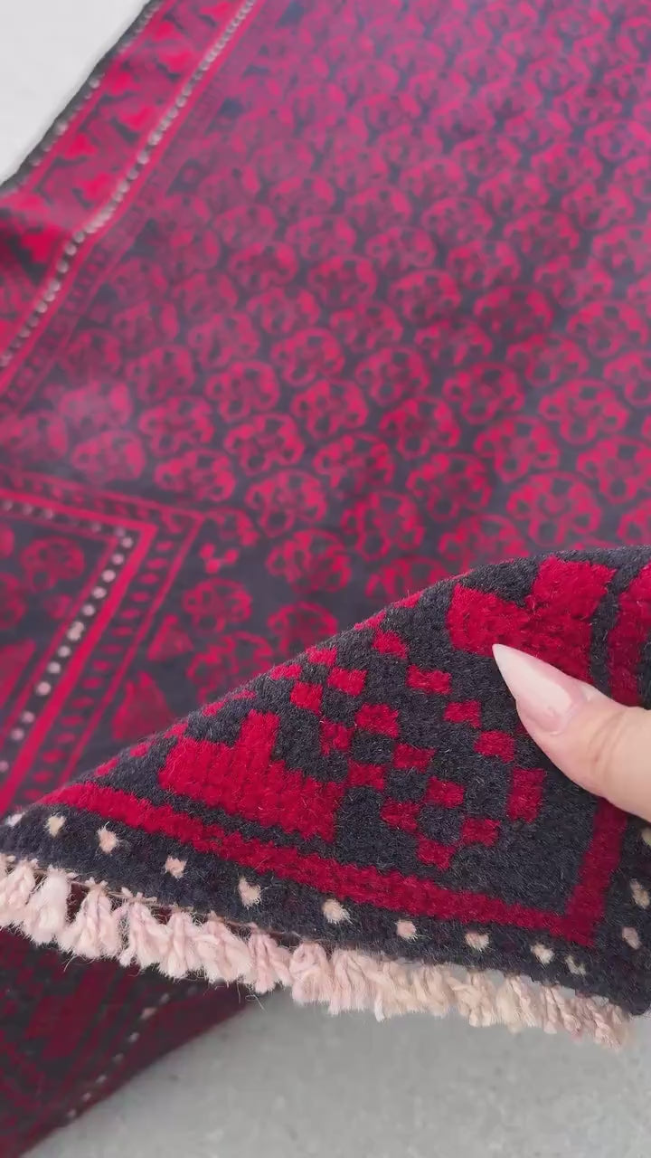 3x5 (91x152) Handmade Vintage Afghan Baluch Rug | Crimson Red Midnight Blue Black Cream White Ivory | Wool Geometric Traditional Persian