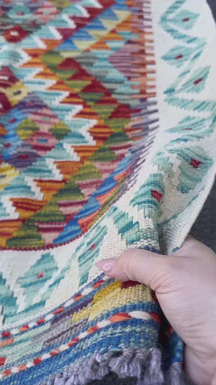 2x5 Handmade Afghan Kilim Runner Rug | Cream Red Rust Burnt Orange Mustard Yellow Olive Green Aqua Teal Blue Navy Purple White Grey | Wool