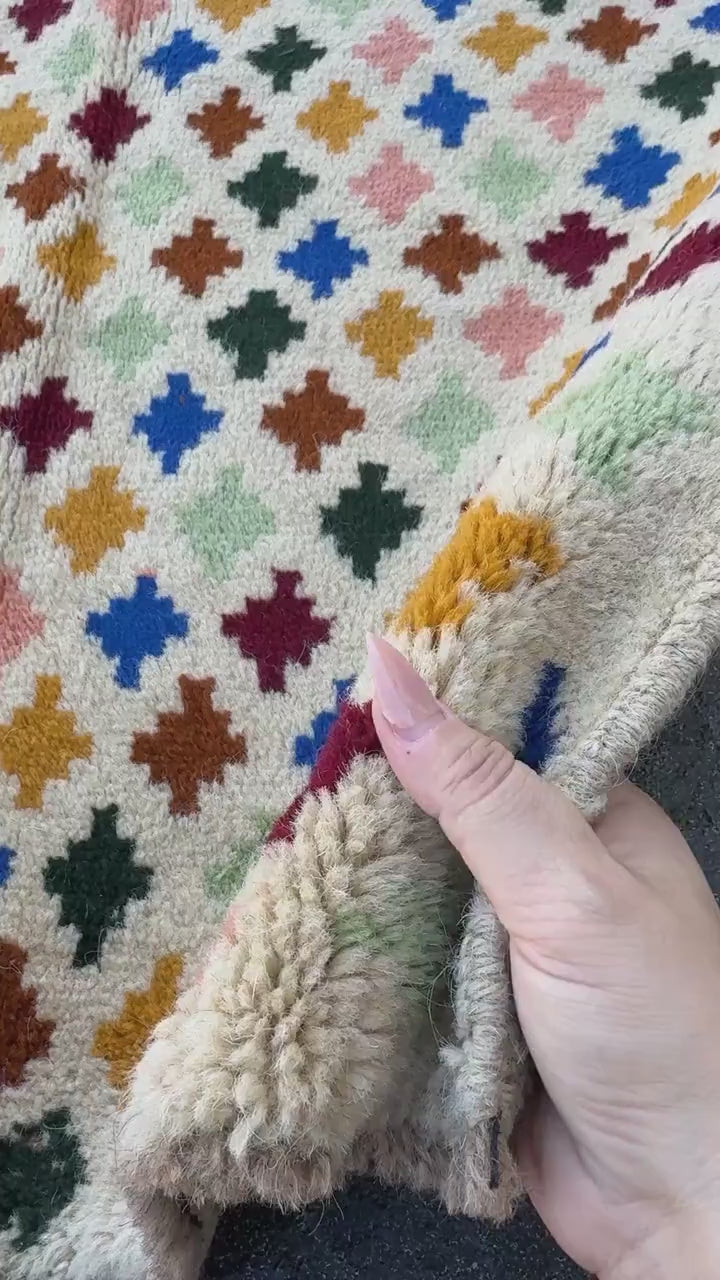 3x10 Handmade Vintage Afghan Baluch Runner Rug | Cream White Mint Pine Green Mustard Gold Yellow Peach Copper Brown Navy Blue Brick Red