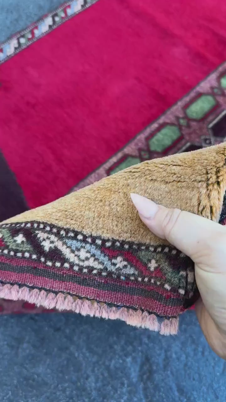 3x5 Handmade Vintage Afghan Baluch Rug | Crimson Scarlet Brick Rose Red Pink Moss Pine Green Sky Powder Blue Burgundy Plum Grey Saffron Wool