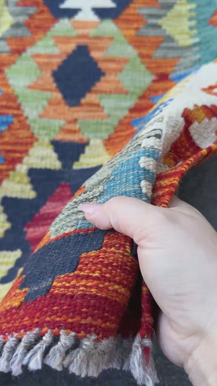 3x4 Handmade Afghan Kilim Rug | Rust Red Navy Cream White Mustard Yellow Olive Green Teal Aqua Blue Grey Charcoal Burgundy | Wool Flatwoven