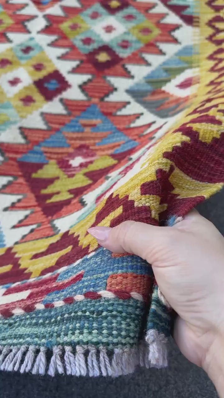 3x4 Handmade Afghan Kilim Rug | Burgundy Red Mustard Yellow Cream White Olive Green Teal Aqua Blue Rust Orange Navy Grey | Wool Flatwoven
