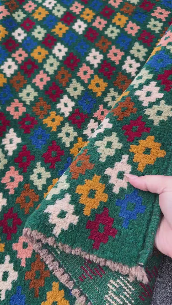 4x6 Handmade Vintage Afghan Baluch Rug | Forest Mint Green Mustard Yellow Rust Red Burnt Orange Cream White Olive Blue Navy Pink Copper