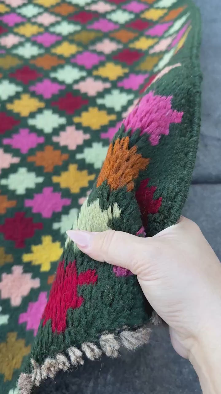 3x10 Handmade Vintage Afghan Baluch Runner Rug | Pine Mint Olive Green Brick Red Coopper Brown Rose Pink Peach Mustard Gold | Wool Flatwoven