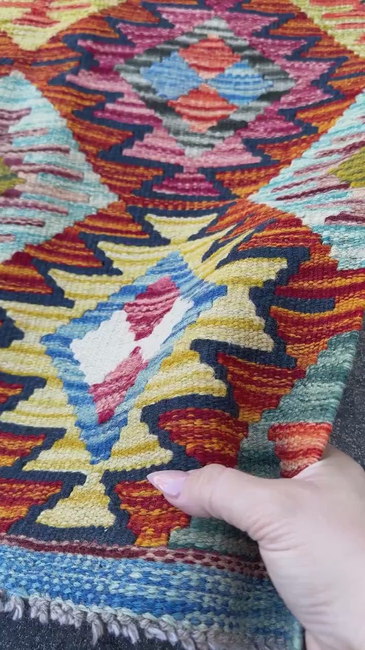 2x5 Handmade Afghan Kilim Runner Rug | Burnt Orange Rust Red Mustard Yellow Aqua Blue Teal Navy Cream White Olive Green Pink Purple | Wool