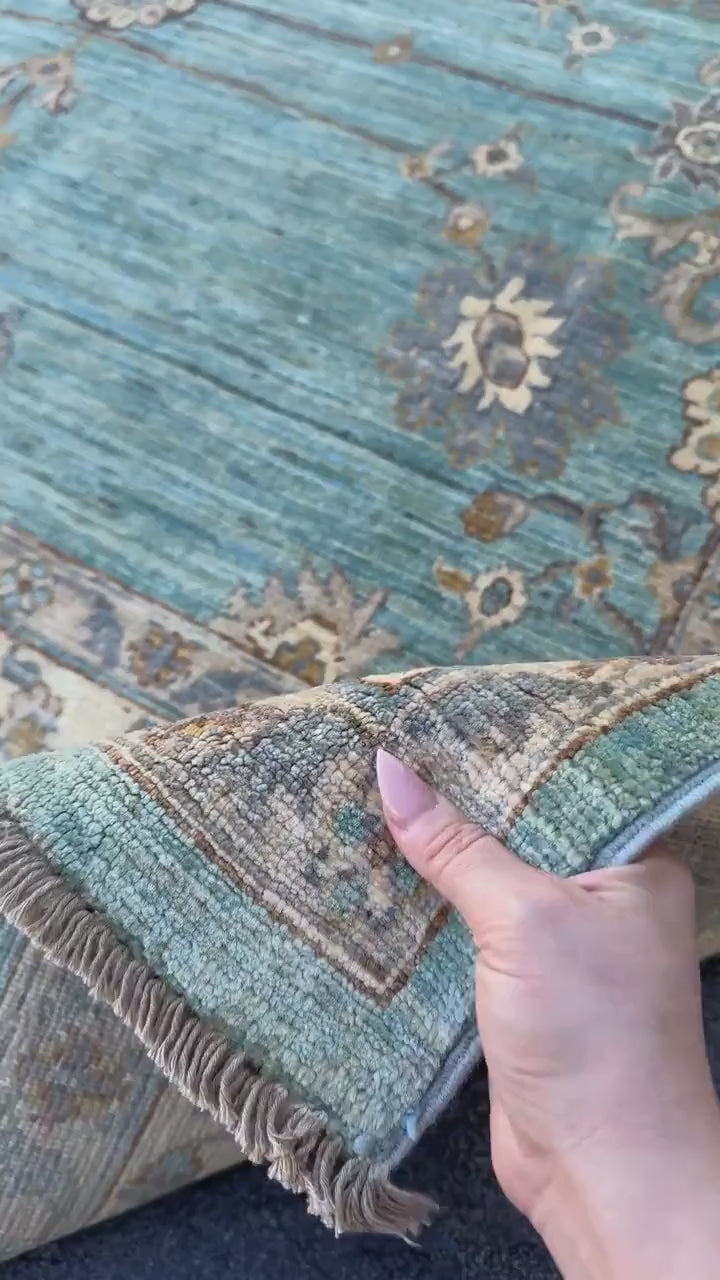 6x6 Square Handmade Afghan Wool Rug | Aqua Blue and Cream Floral Area Rug | Soft Muted Oushak Style | Hand-Knotted Carpet