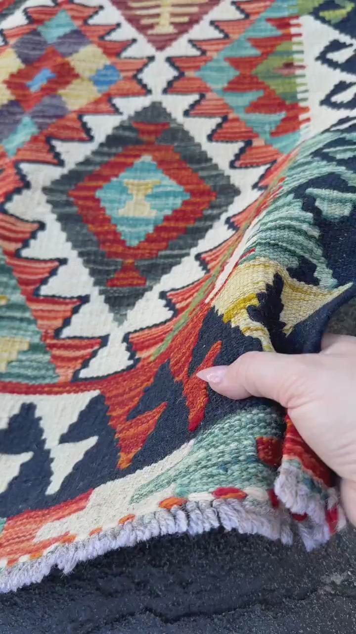 3x4 Handmade Afghan Kilim Rug | Navy Rust Red Burnt Orange Cream Mustard Yellow Olive Green Teal Aqua Blue Purple Grey | Wool Flatwoven