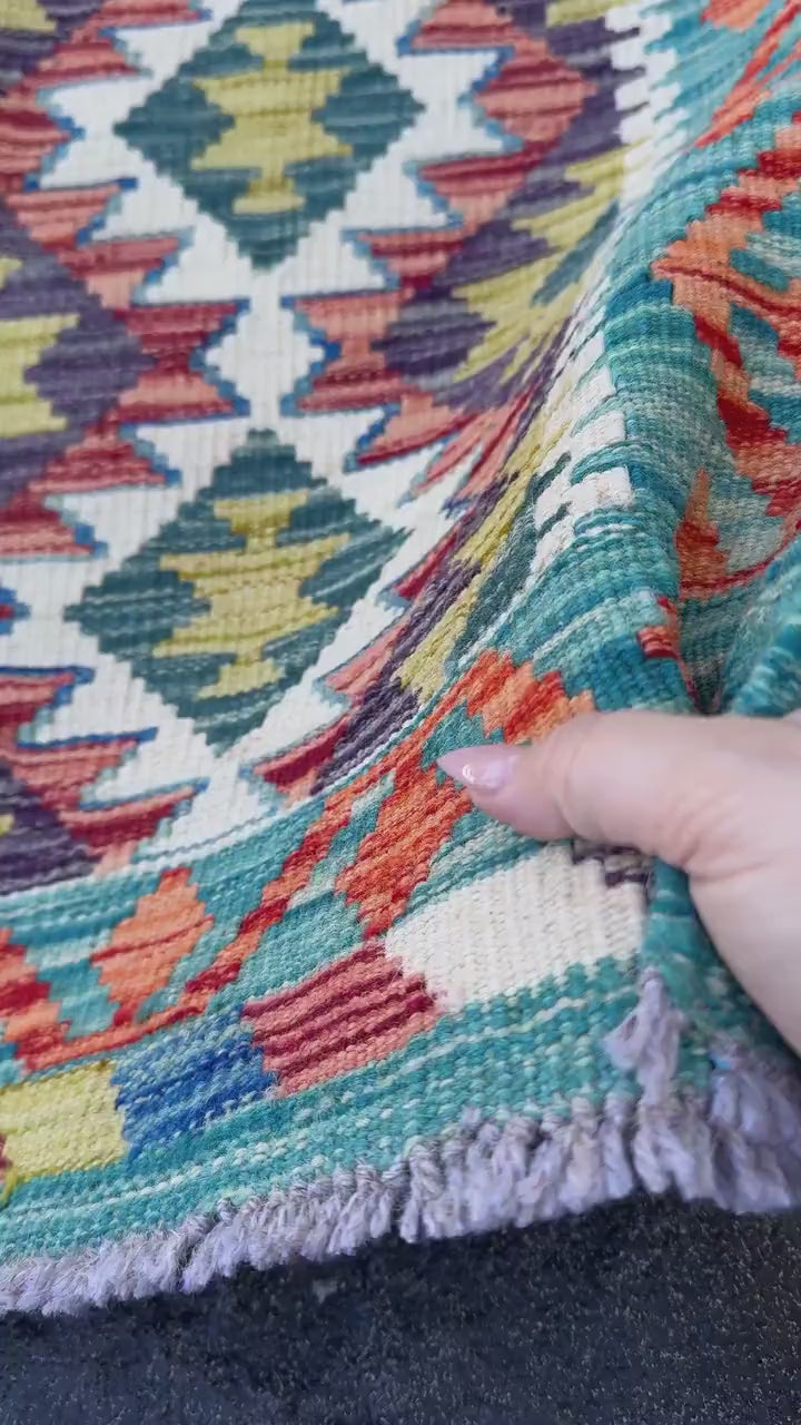 3x4 Handmade Afghan Kilim Rug | Teal Rust Orange Olive Moss Pine Forest Green Charcoal Grey Ivory Black | Wool Flatwoven