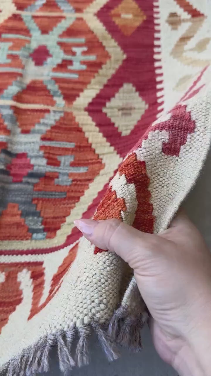 2x3 Handmade Afghan Kilim Rug | Cream White Beige Blood Red Tan Mocha Chocolate Brown Charcoal Light Grey Burnt Orange | Wool Flatwoven