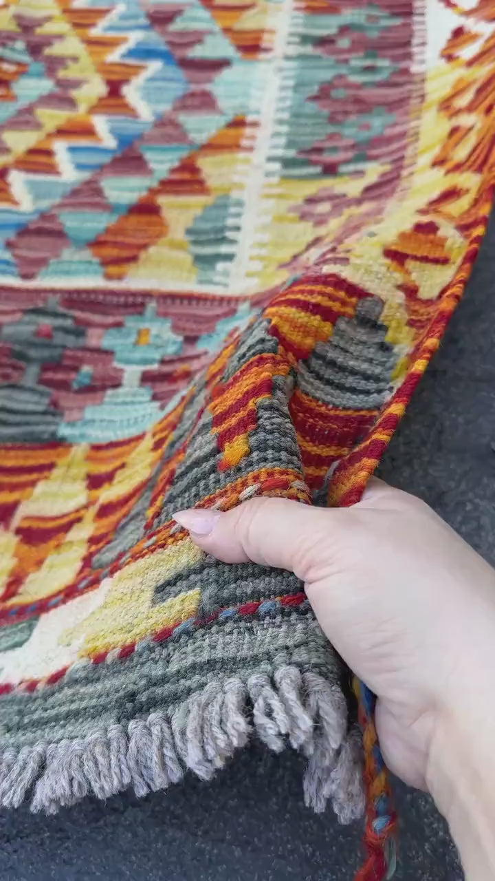 3x4 (91x121) Handmade Afghan Kilim Rug | Burnt Orange Grey Black White Cream Yellow Teal Midnight Denim Blue Maroon Burgundy Red | Wool