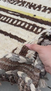 9x11 Handmade Afghan Moroccan Rug | Ivory Cream Yellow Beige Dark Chocolate Brown | Berber Beni Plush Turkish Wool Oushak Flokati Abstract
