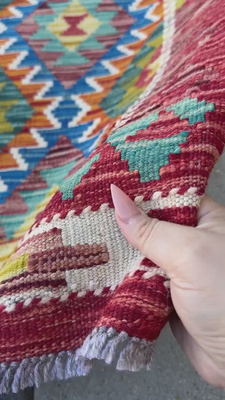 3x4 Handmade Afghan Kilim Rug | Scarlet Garnet Red Yellow Olive Moss Forest Green Maroon Teal Turquoise Aqua Denim Royal Blue Orange Cream