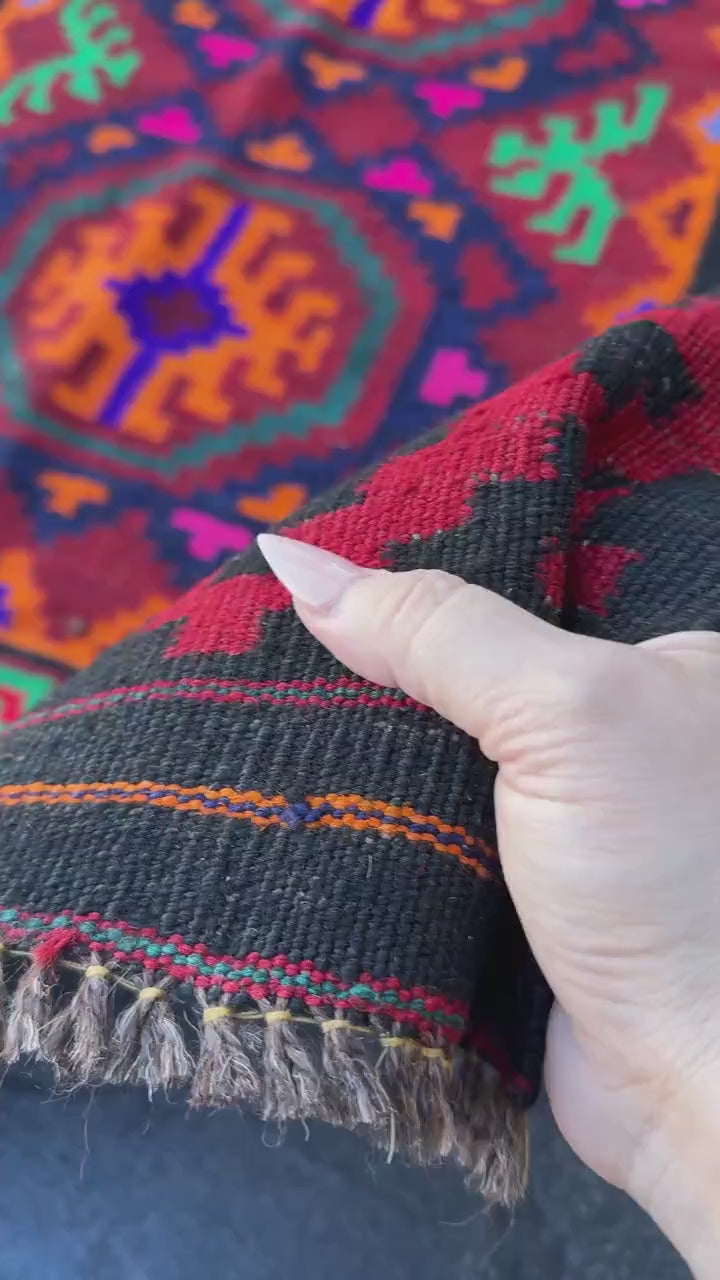 3x4 (91x121) Handmade Afghan Kilim Rug | Black Crimson Red Fuchsia Pink Orange Royal Navy Midnight Blue Forest Emerald Green Burgundy | Wool