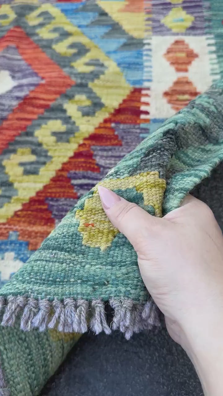 3x5 (91x152) Handmade Afghan Kilim Rug | Teal Denim Blue Olive Moss Green Charcoal Grey Cream Beige Ivory Mustard Gold Burnt Orange | Wool