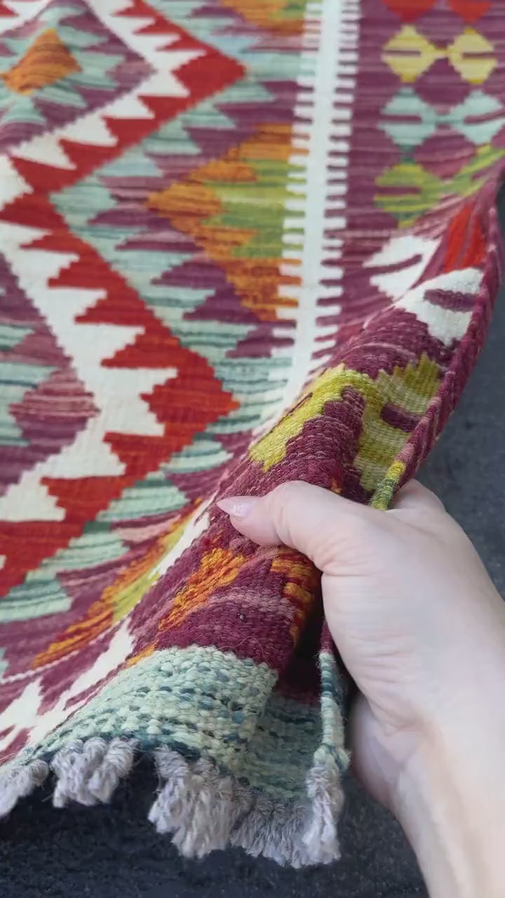3x4 Handmade Afghan Kilim Rug | Burgundy Rust Red Burnt Orange Cream White Mustard Yellow Olive Green Teal Aqua Blue Grey | Flatwoven