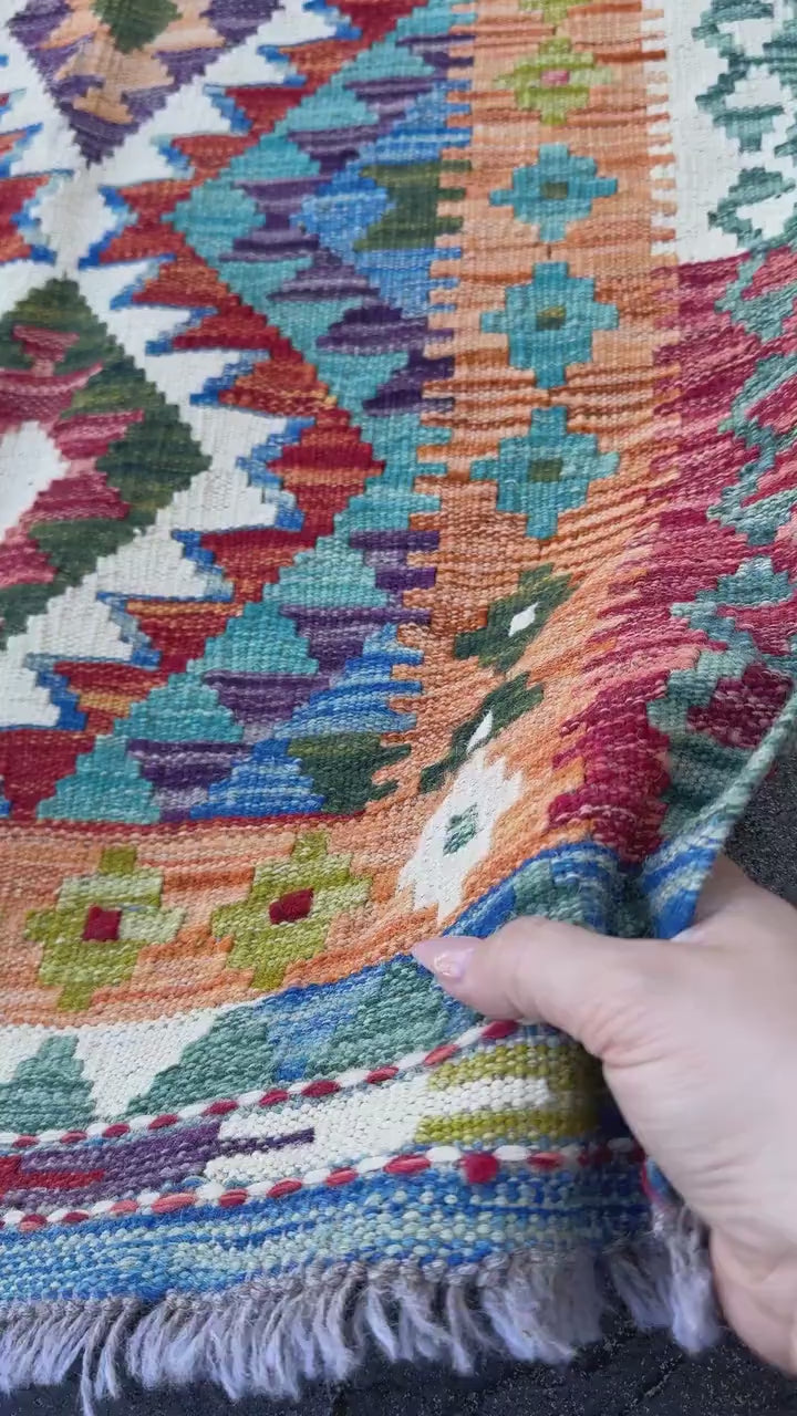 2x5 Handmade Afghan Kilim Runner Rug | Burnt Orange Teal Aqua Blue Forest Green Burgundy Red Purple Mustard Yellow Cream White Navy | Wool