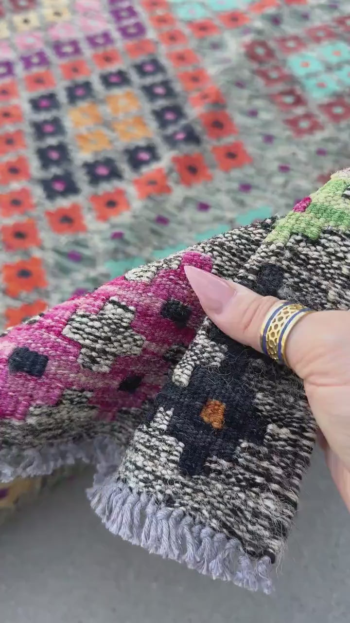 7x10 Handmade Afghan Kilim Rug | Grey Rose Blush Pink Magenta Purple Orange Peach Saffron Aqua Midnight Navy Blue Maroon Mint Green White