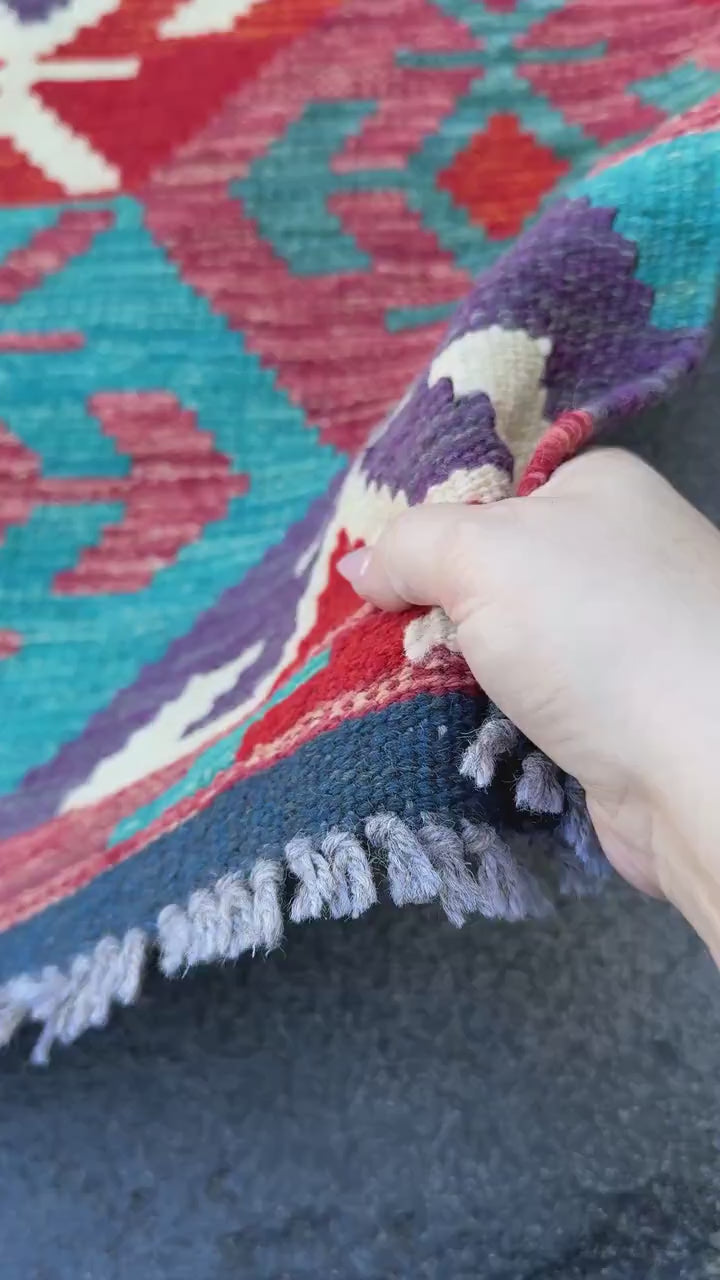 3x4 Handmade Afghan Kilim Rug | Teal Turquoise Eggplant Purple Cream White Brick Auburn Rose Scarlet Red Olive Green Denim Navy Blue | Wool