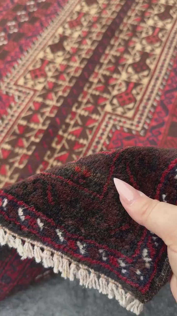 3x5 (91x152) Handmade Vintage Afghan Baluch Rug | Brick Red Coffee Chocolate Brown Black Midnight Blue White Ivory Cream Sand Gold Saffron