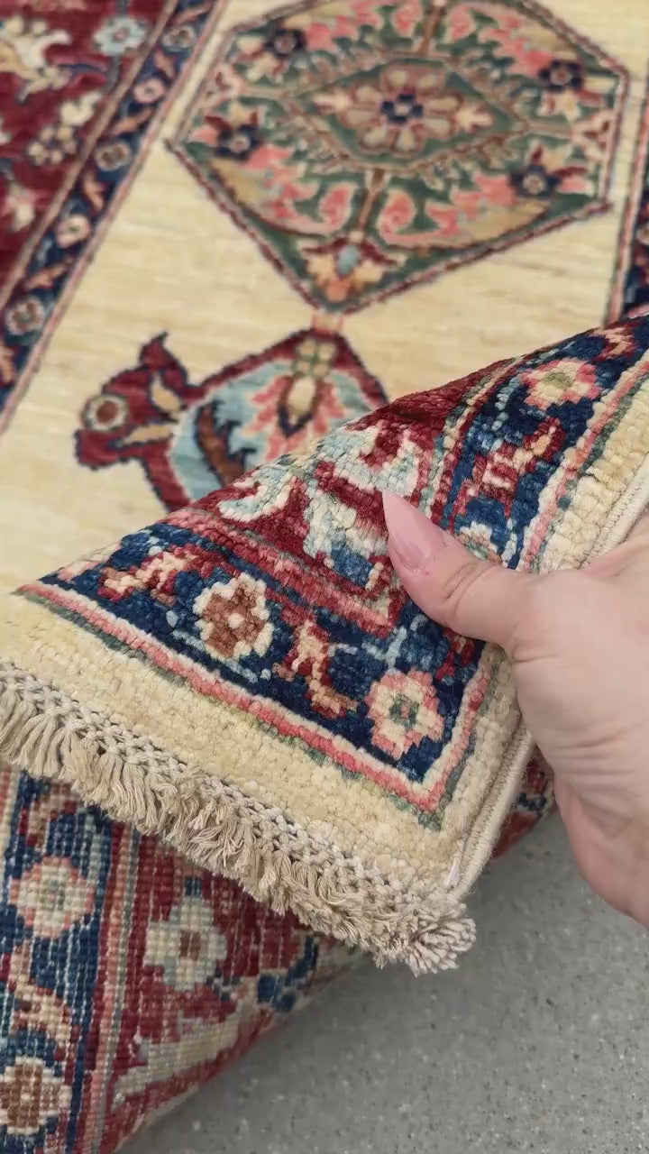 3x14 Handmade Afghan Wool Runner | Long Tribal Medallion Runner Rug | Red Ivory Hallway Runner