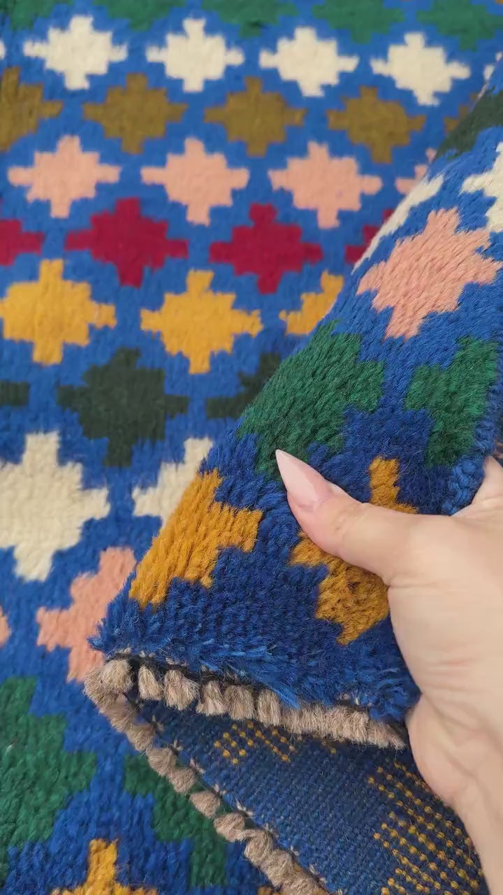 4x6 Handmade Vintage Afghan Baluch Rug | Navy Blue Forest Pine Olive Green Mustard Yellow Gold Brick Red White Salmon Pink Peach | Wool