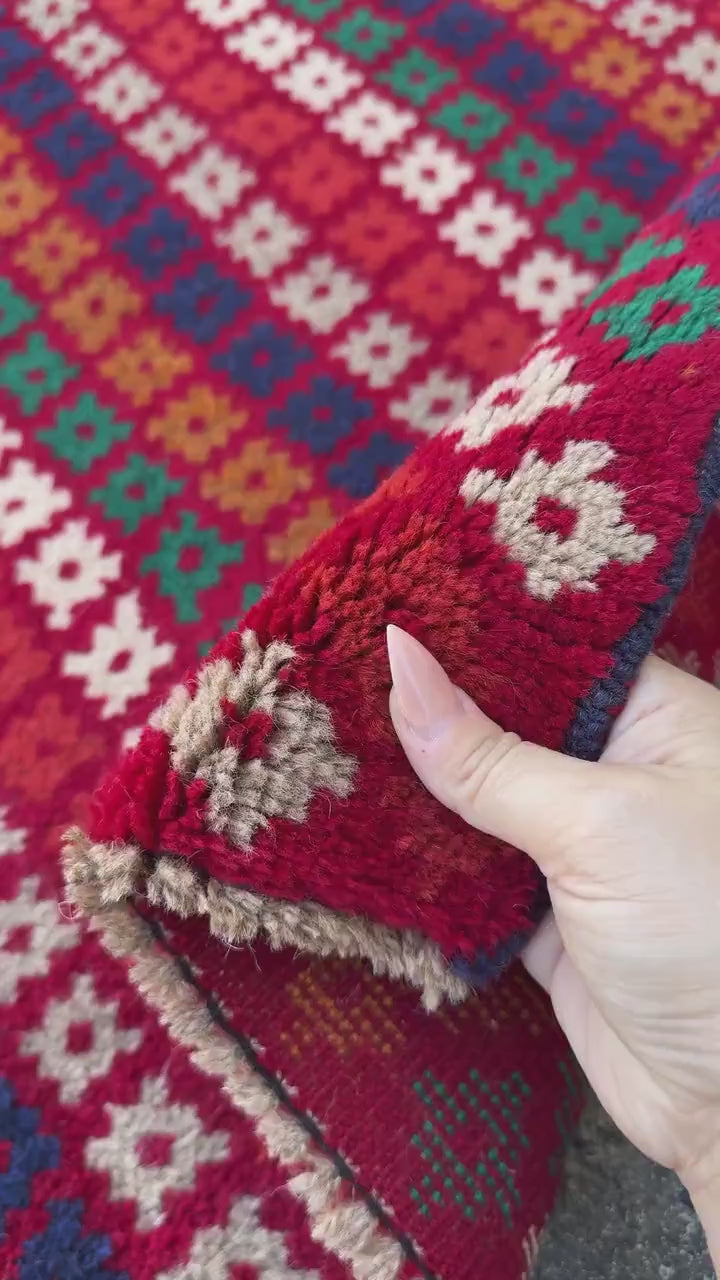 4x6 Handmade Vintage Afghan Baluch Rug | Brick Red Copper Brown White Light Grey Burnt Orange Pine Green Midnight Blue | Wool Flatwoven