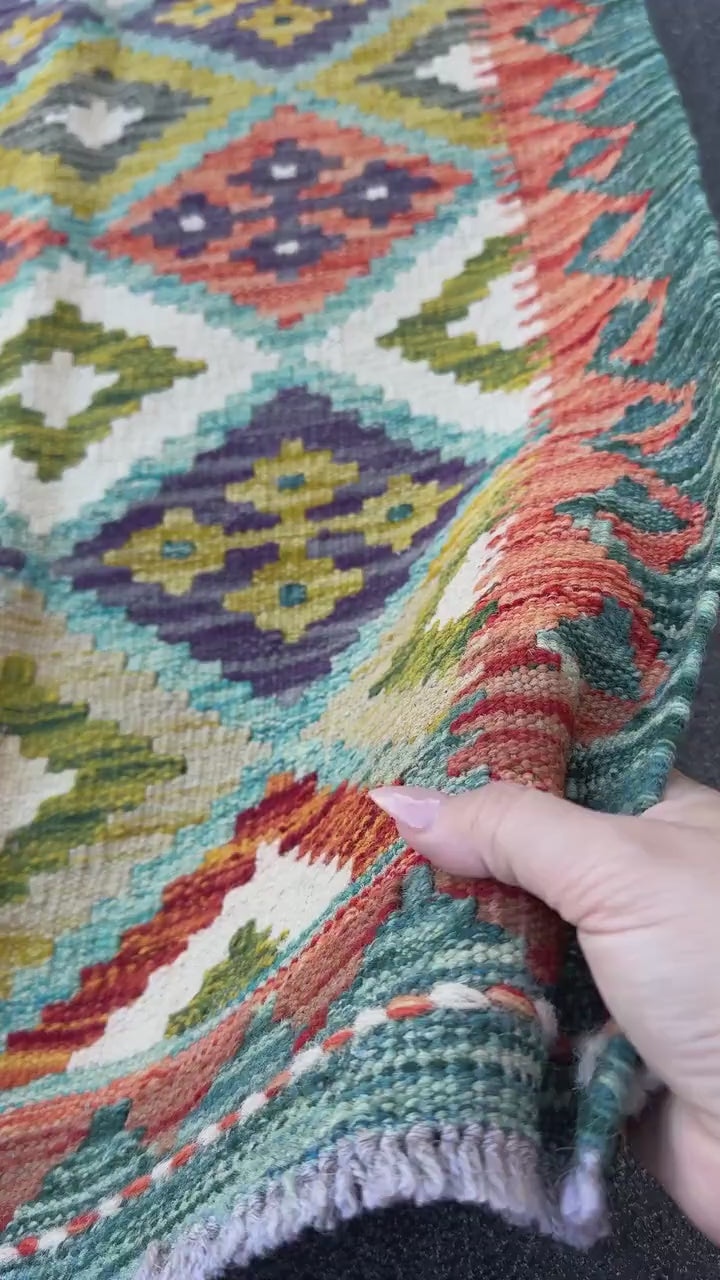 2x5 Handmade Afghan Kilim Runner Rug | Teal Aqua Blue Rust Red Burnt Orange Mustard Yellow Olive Green Cream White Navy Purple Grey | Wool