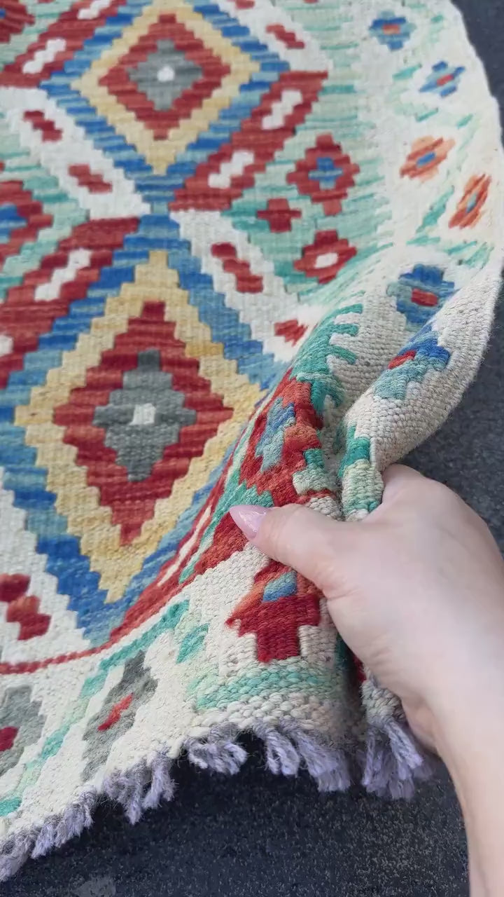3x7 (100x200) Handmade Afghan Kilim Runner Rug | Cream Blood Red Denim Blue Turquoise Ivory Teal Grey Mustard Yellow | Wool Turkish
