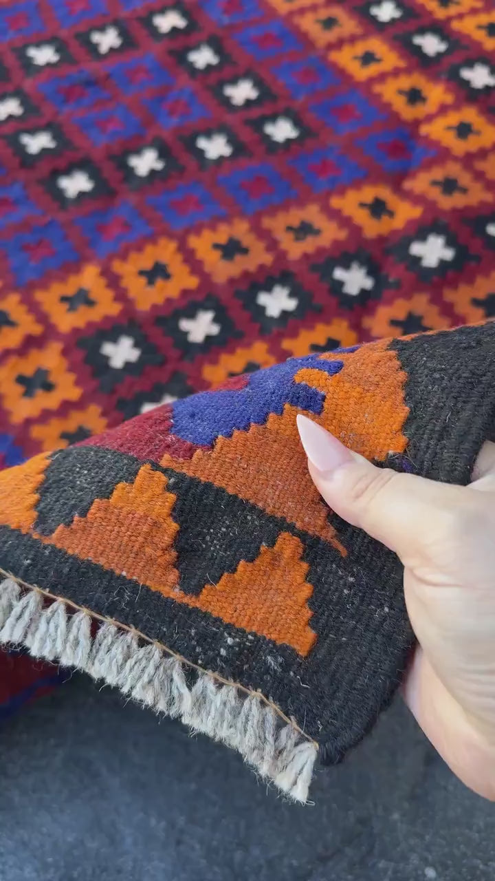 3x6 (91x182) Handmade Afghan Kilim Rug | Black Orange Auburn Blood Maroon Red White Royal Blue | Wool Geometric Vibrant Flatweave