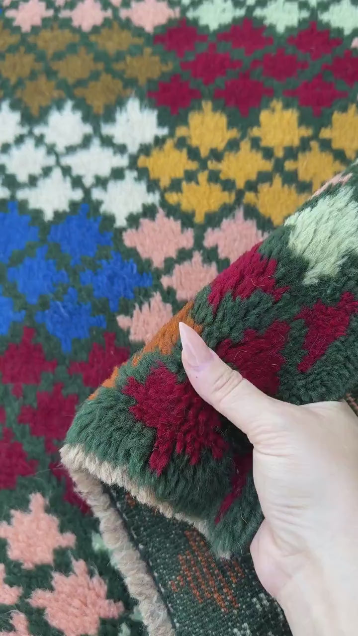 4x6 Handmade Vintage Afghan Baluch Rug | Pine Olive Mint Green Brick Red Navy Blue White Mustard Gold Burnt Orange Salmon Pink Peach | Wool