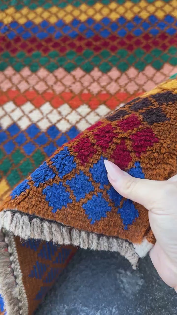 3x4 Handmade Vintage Afghan Baluch Rug | Chocolate Brown Forest Green Brick Red Navy Blue Black White Burnt Orange Mustard Yellow Peach