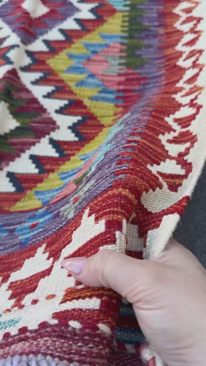 2x5 Handmade Afghan Kilim Runner Rug | Cream White Brick Red Burnt Orange Mustard Yellow Sky Blue Aqua Teal Pink Forest Green Olive Purple