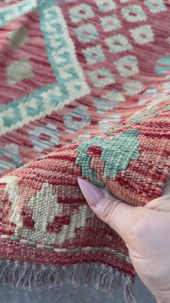 3x5 (91x152) Handmade Afghan Kilim Rug | Brick Red Teal Aqua Denim Blue Beige Tan Sage Mint Green Cream Purple | Wool Geometric Flatweave