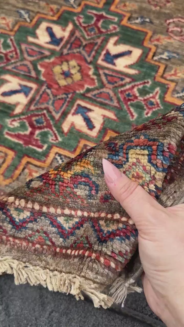 3x20 Handmade Afghan Wool Runner Rug | Traditional Kazak Geometric Medallion | Taupe And Tan