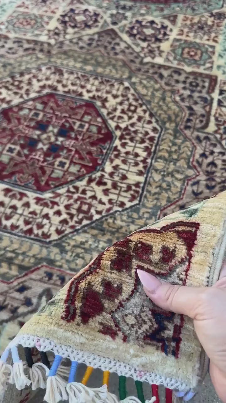 3x8 Handmade Afghan Wool Runner Rug | Cream and Brick Red Mamluk Medallion Hallway Runner | Sage Green and Navy | Hand-Knotted Carpet