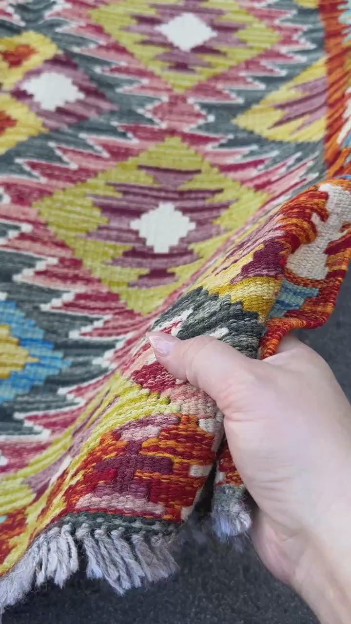 2x5 Handmade Afghan Kilim Runner Rug | Burnt Orange Maroon Brick Blood Red Chartreuse Green Teal Prussian Denim Sky Blue White Cream Purple