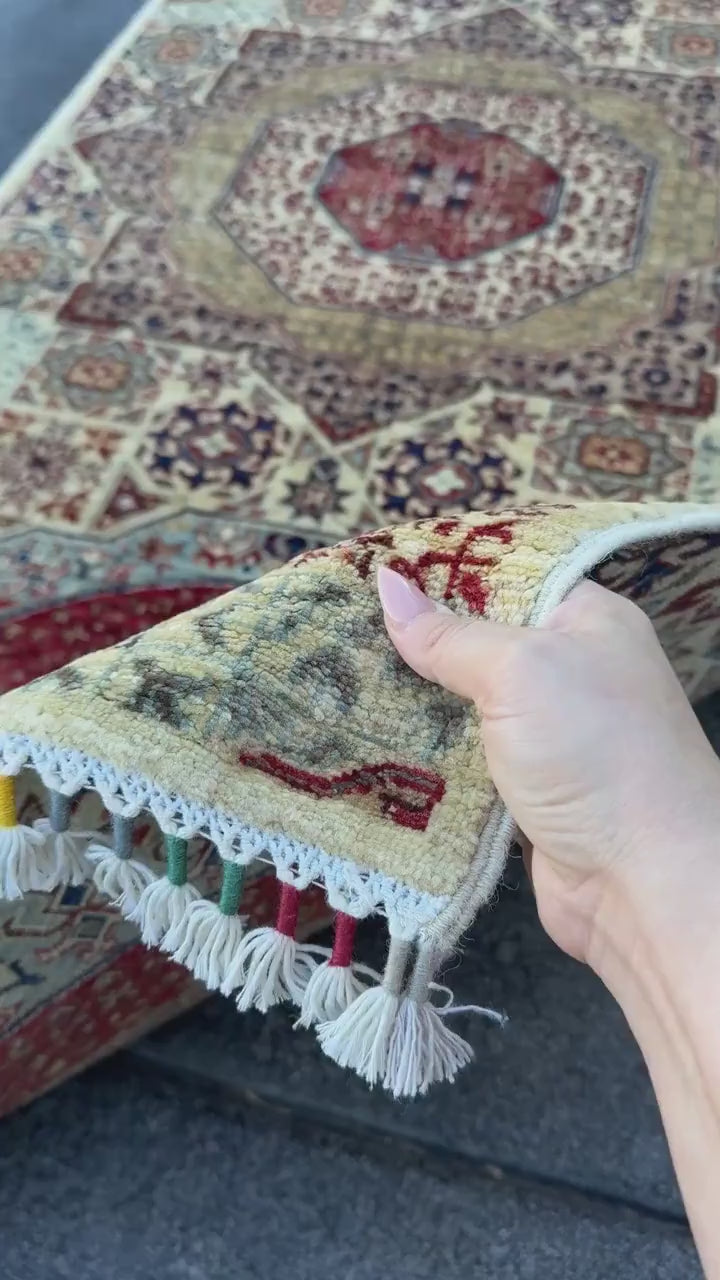 3x10 Handmade Afghan Wool Runner Rug | Cream and Rust Red Mamluk Medallion Hallway Runner | Olive and Navy | Hand-Knotted Fine Carpet
