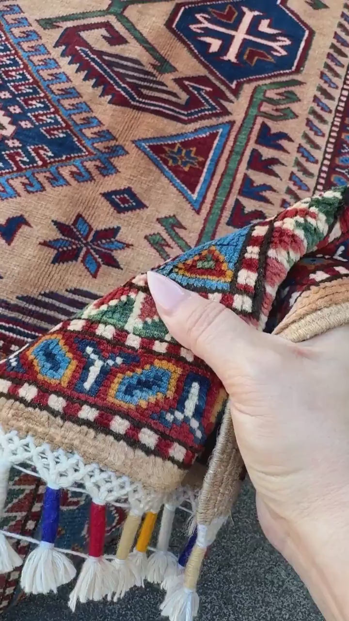5x7 Handmade Afghan Wool Rug | Camel Tan and Cornflower Blue Kazak Geometric Area Rug | Hand-Knotted Tribal Carpet