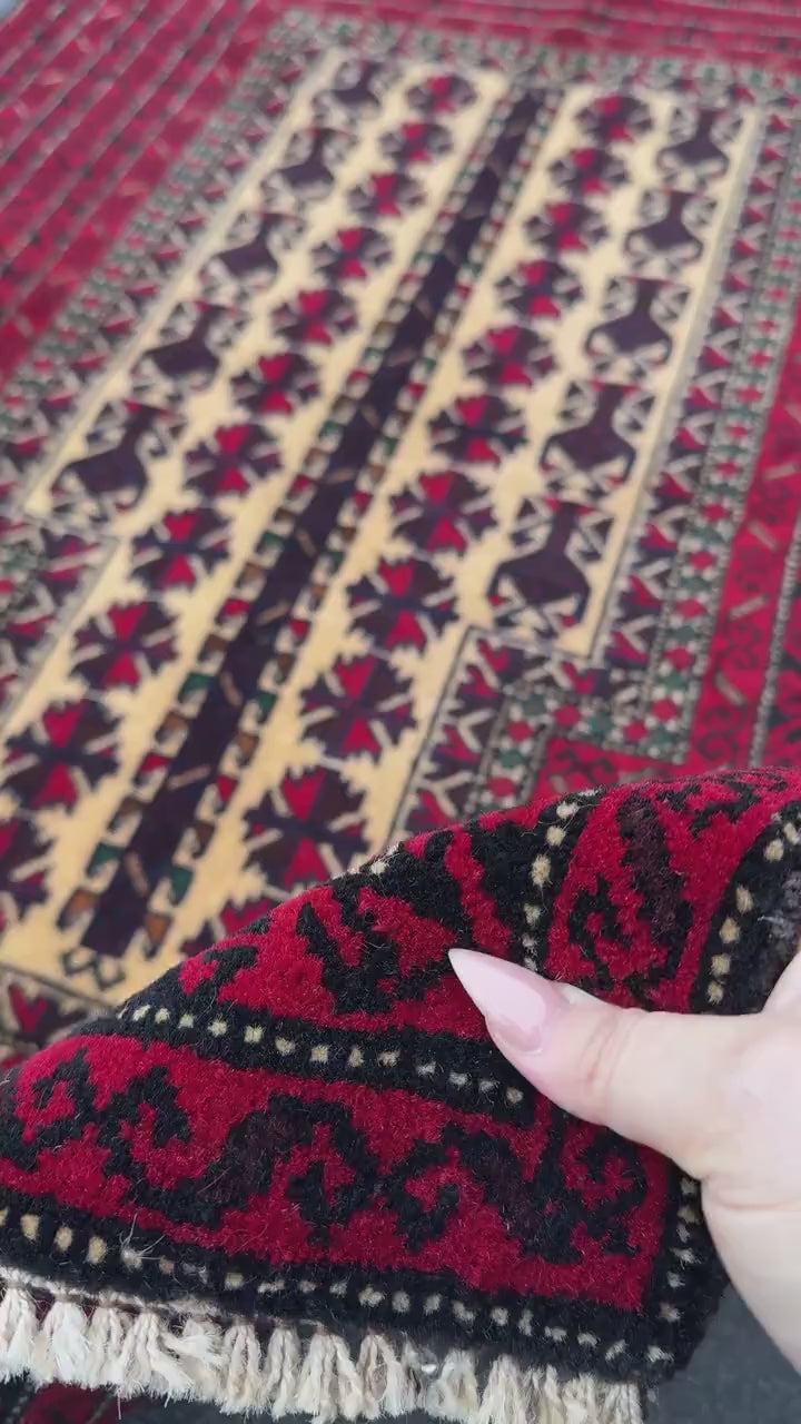 3x4-5 (91x152) Handmade Vintage Afghan Baluch Rug | Crimson Burgundy Wine Red Cream Sand Brown Forest Green Gold | Wool Traditional Persian