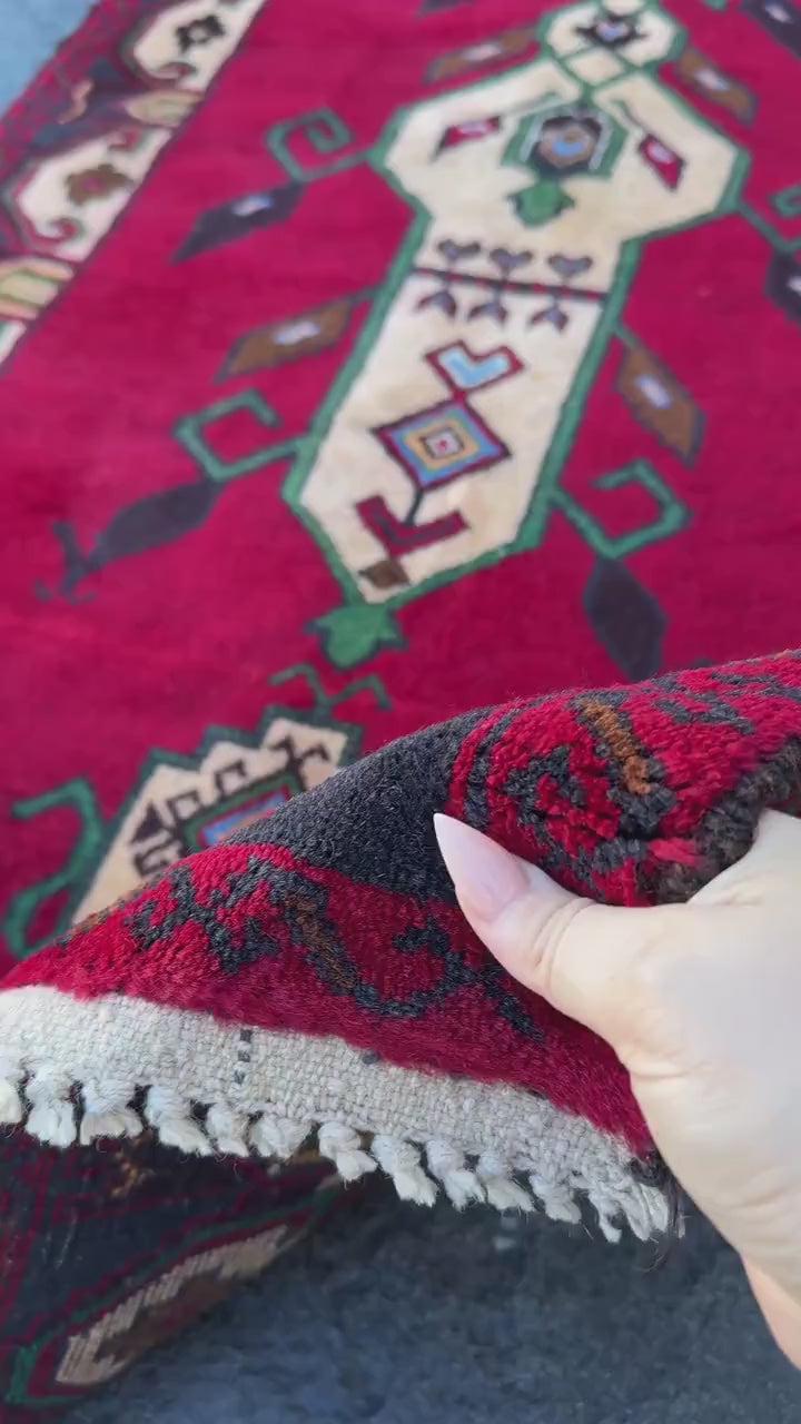 3x5 (91x152) Handmade Vintage Afghan Baluch Rug | Blood Burgundy Red Midnight Navy Powder Blue Cream Coffee Tan Brown Forest Green Black