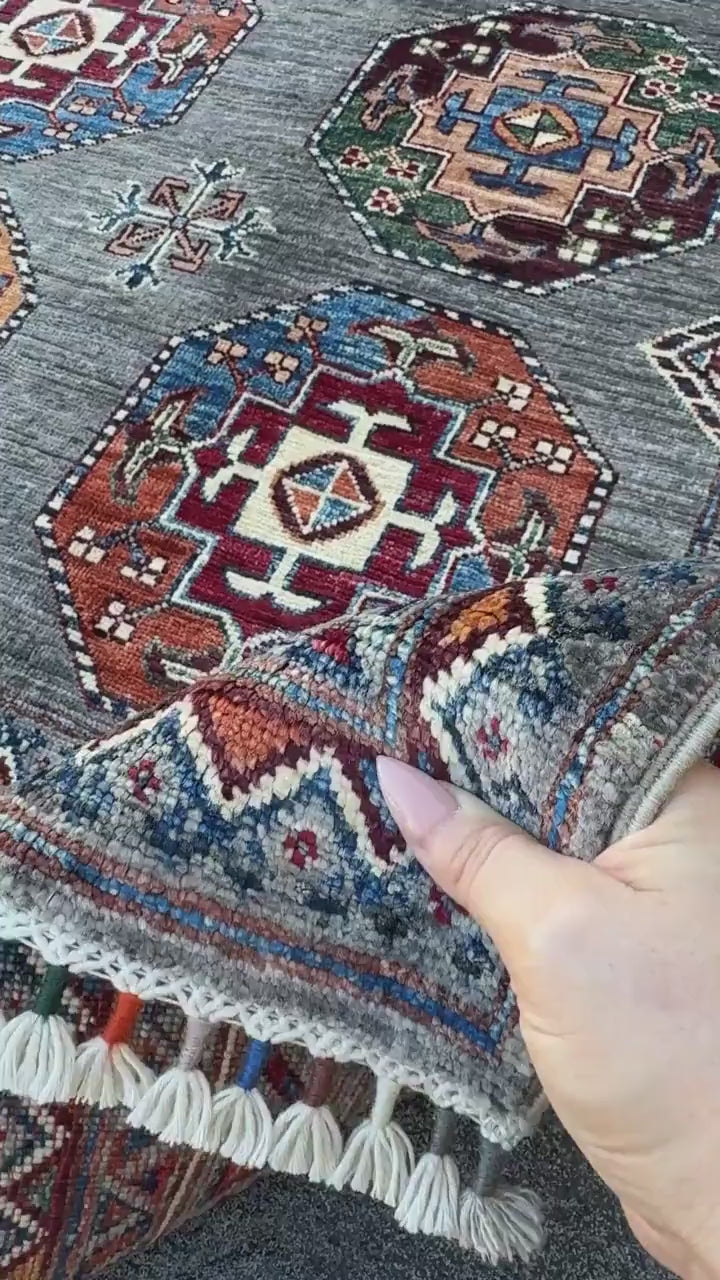 6x9 Handmade Afghan Wool Rug | Slate Grey Tribal Medallion Area Rug | Burgundy, Navy and Gold Accents | Hand-Knotted Carpet