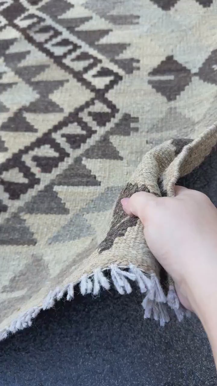 3x4 Handmade Afghan Kilim Rug | Brown Beige Cream Taupe Ivory Charcoal | Wool Flatwoven
