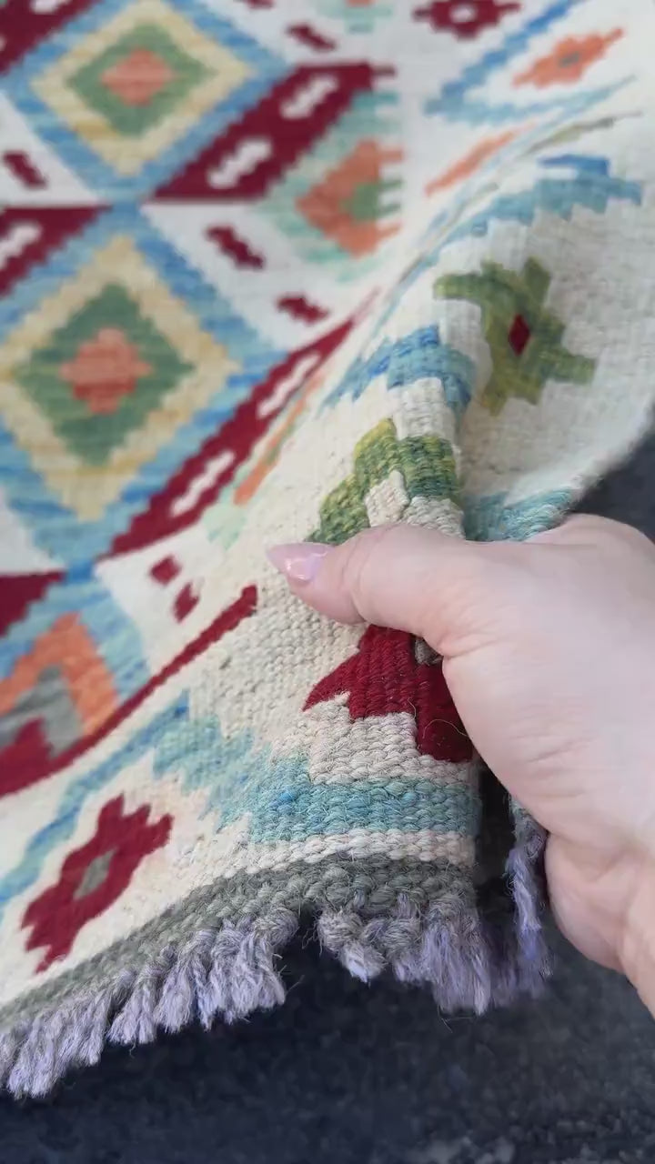 3x7 (91x213) Handmade Afghan Kilim Runner Rug | Cream Orange Denim Powder Blue Pine Lime Forest Green Blood Burgundy Red Grey Yellow | Wool