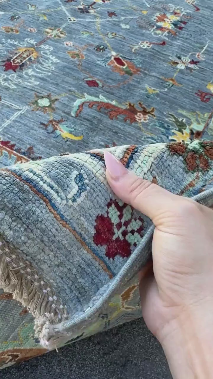 6x9 Handmade Afghan Wool Rug | Slate Blue Grey Floral Oushak Style Area Rug | Rust and Gold Accents | Hand-Knotted Carpet