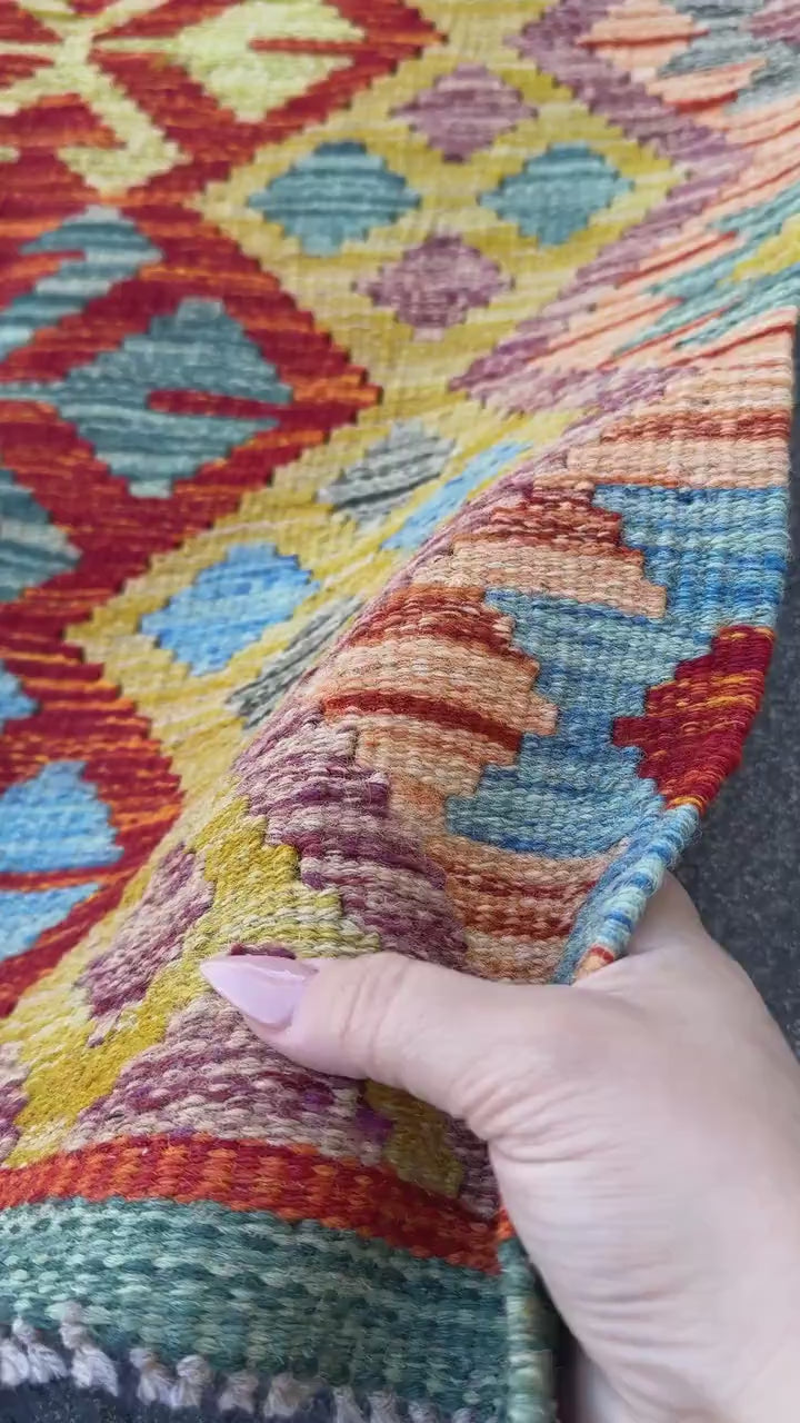2x5 Handmade Afghan Kilim Runner Rug | Burnt Orange Rust Red Mustard Yellow Sky Blue Aqua Teal Navy Green Grey Purple Cream | Wool Flatwoven